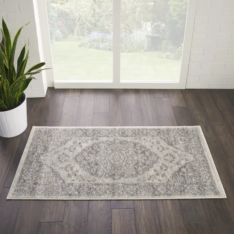 2' X 4' Ivory And Gray Floral Medallion Distressed Area Rug