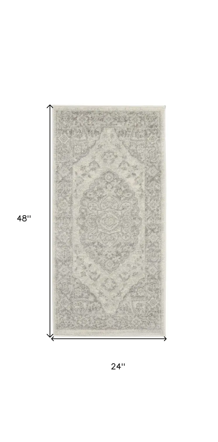 2' X 4' Ivory And Gray Floral Medallion Distressed Area Rug