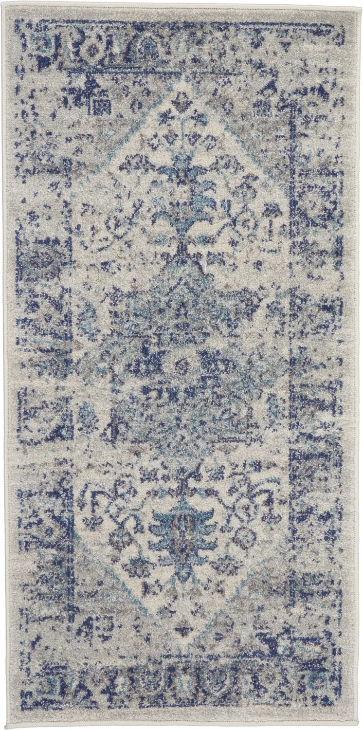2' X 4' Ivory And Light Blue Floral Medallion Distressed Area Rug