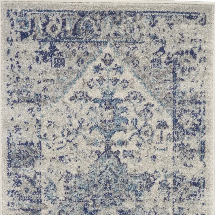 2' X 4' Ivory And Light Blue Floral Medallion Distressed Area Rug