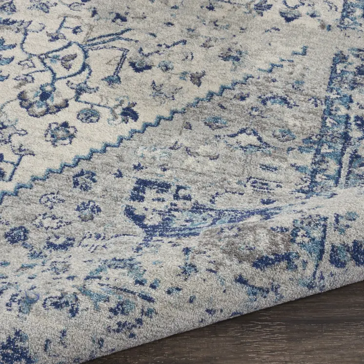 2' X 4' Ivory And Light Blue Floral Medallion Distressed Area Rug