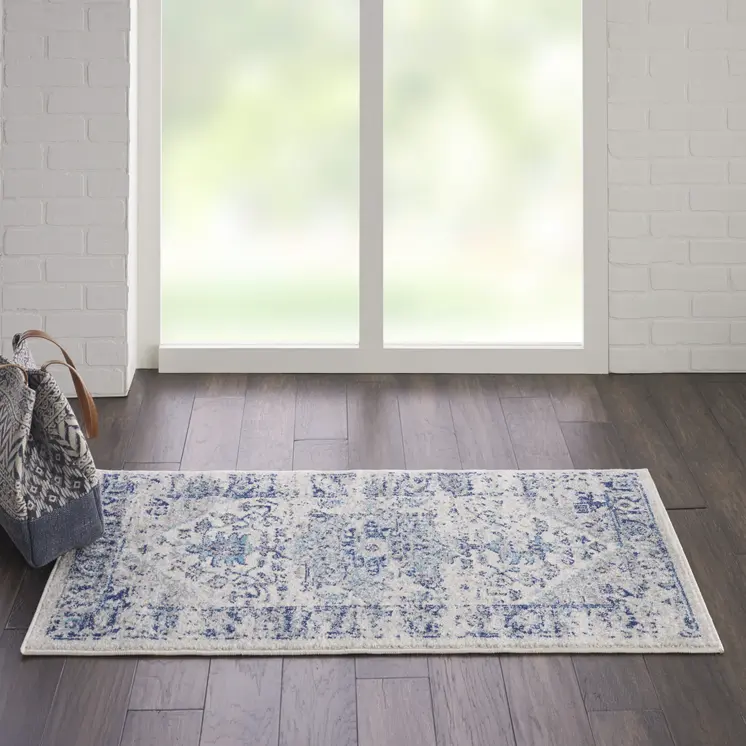 2' X 4' Ivory And Light Blue Floral Medallion Distressed Area Rug