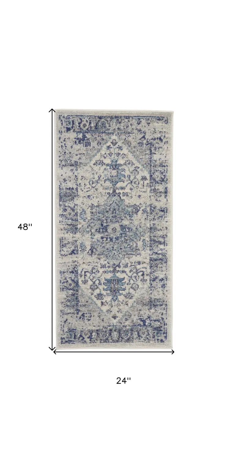 2' X 4' Ivory And Light Blue Floral Medallion Distressed Area Rug