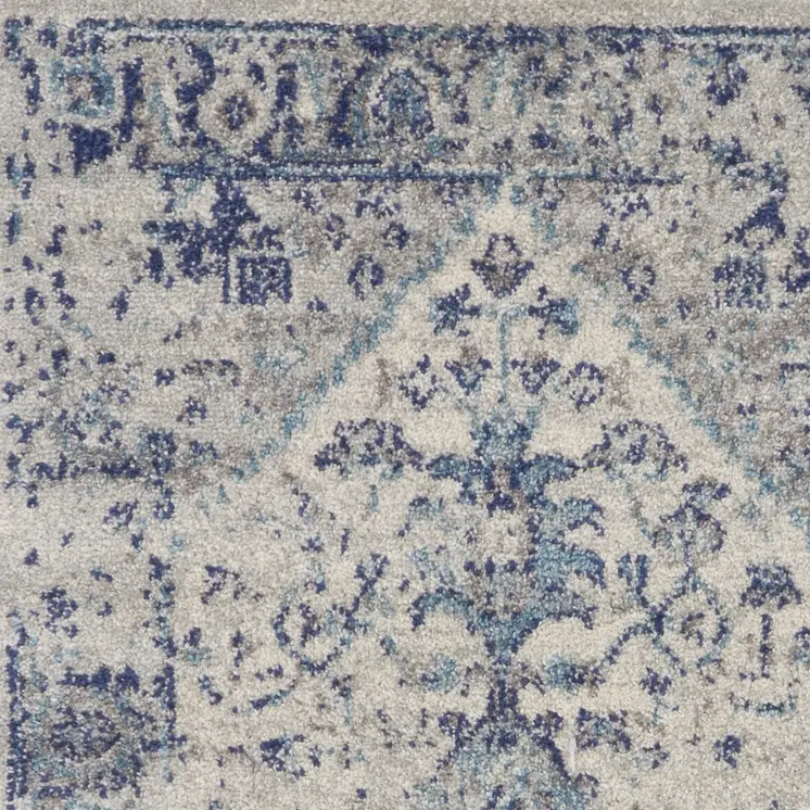 2' X 4' Ivory And Light Blue Floral Medallion Distressed Area Rug