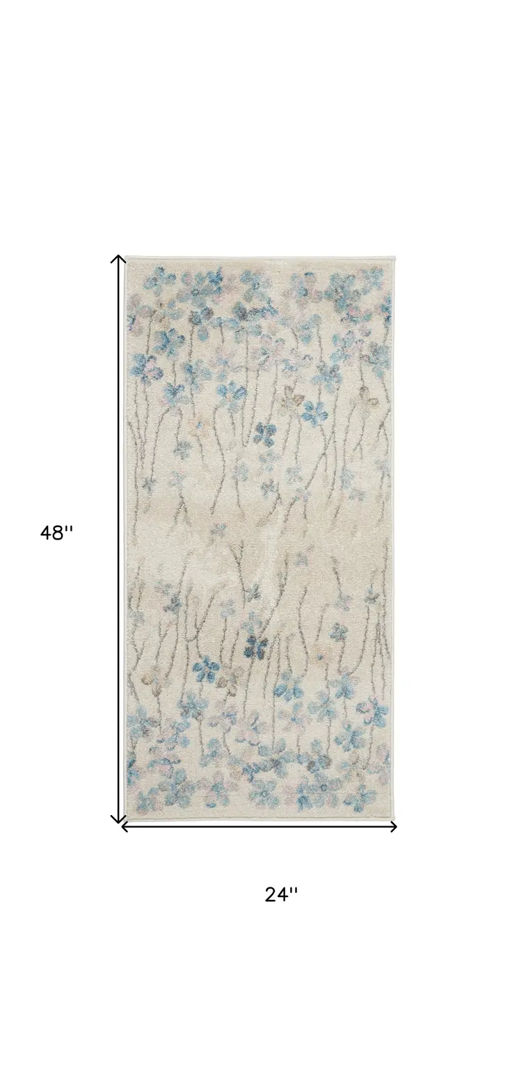 2' X 4' Ivory And Blue Floral Area Rug
