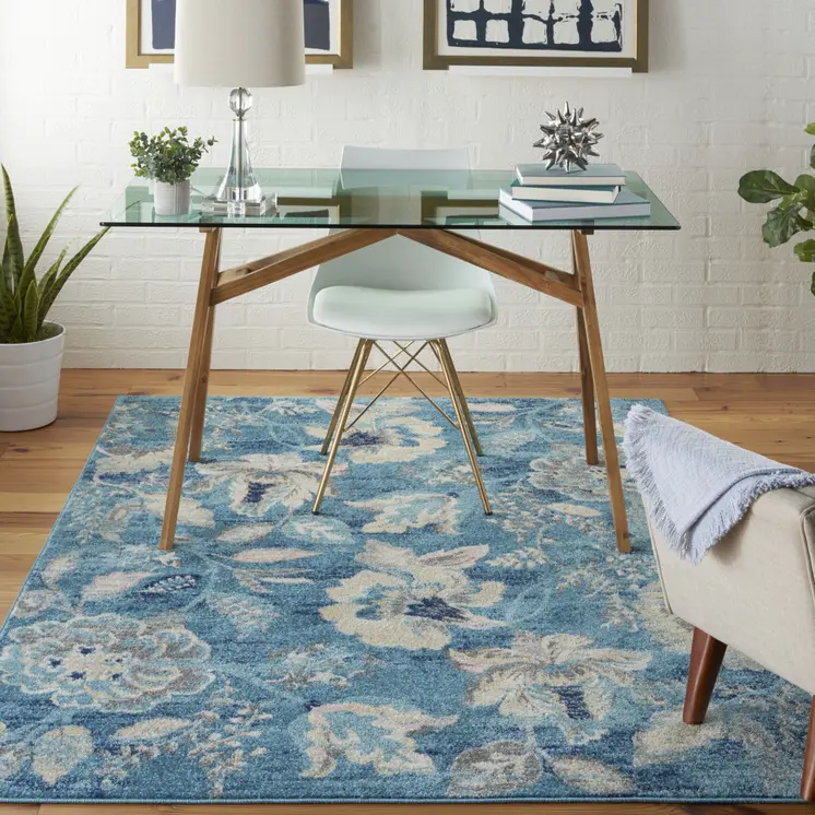 2' X 4' Ivory Navy Blue And Light Blue Floral Area Rug