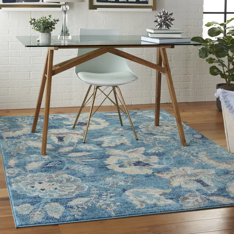 2' X 4' Ivory Navy Blue And Light Blue Floral Area Rug