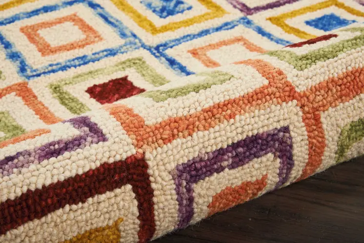8' X 11' Ivory Blue And Red Wool Geometric Hand Tufted Area Rug