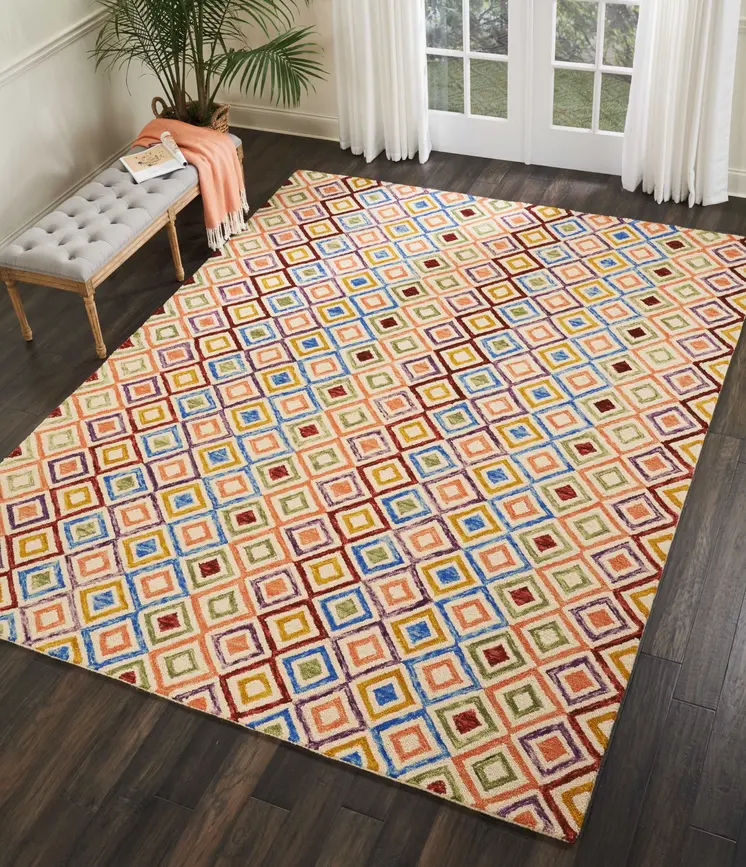 8' X 11' Ivory Blue And Red Wool Geometric Hand Tufted Area Rug