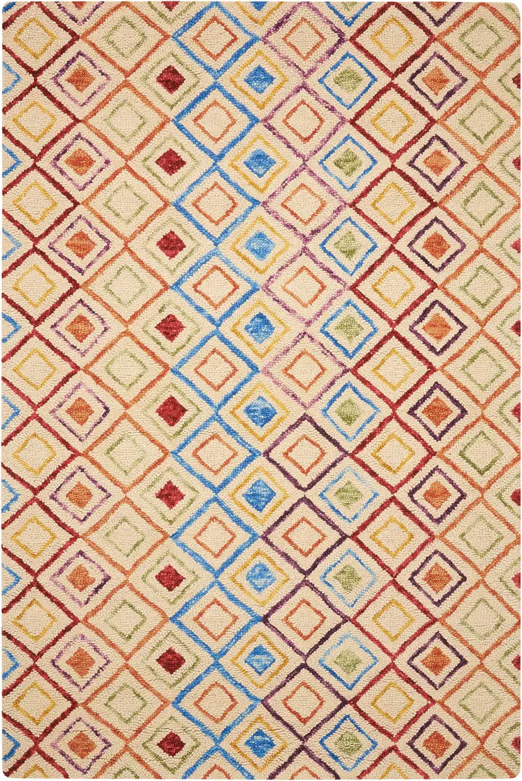 4' X 6' Ivory Blue And Red Wool Geometric Hand Tufted Area Rug