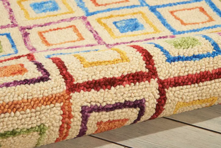 4' X 6' Ivory Blue And Red Wool Geometric Hand Tufted Area Rug