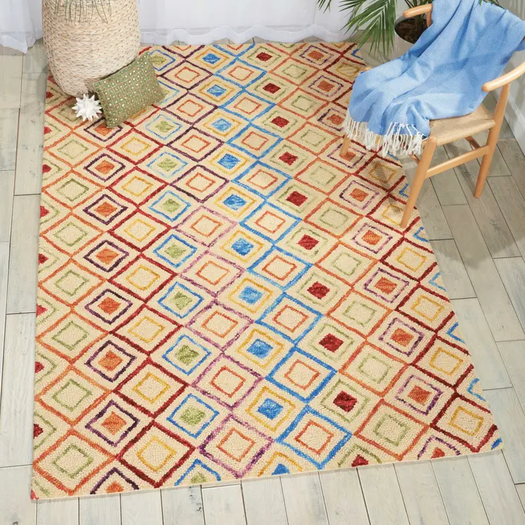 4' X 6' Ivory Blue And Red Wool Geometric Hand Tufted Area Rug