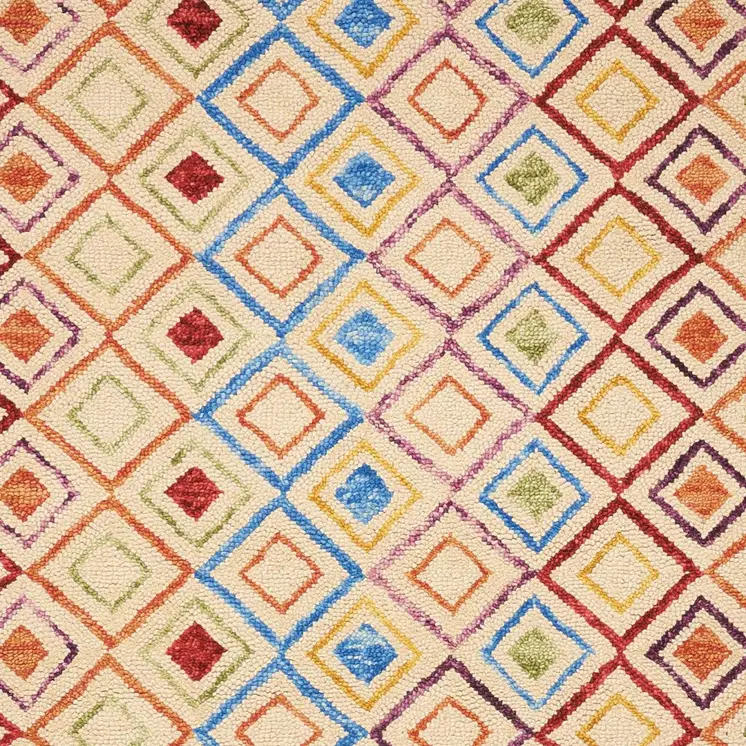 4' X 6' Ivory Blue And Red Wool Geometric Hand Tufted Area Rug