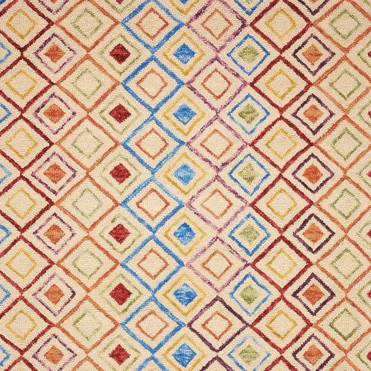 4' X 6' Ivory Blue And Red Wool Geometric Hand Tufted Area Rug