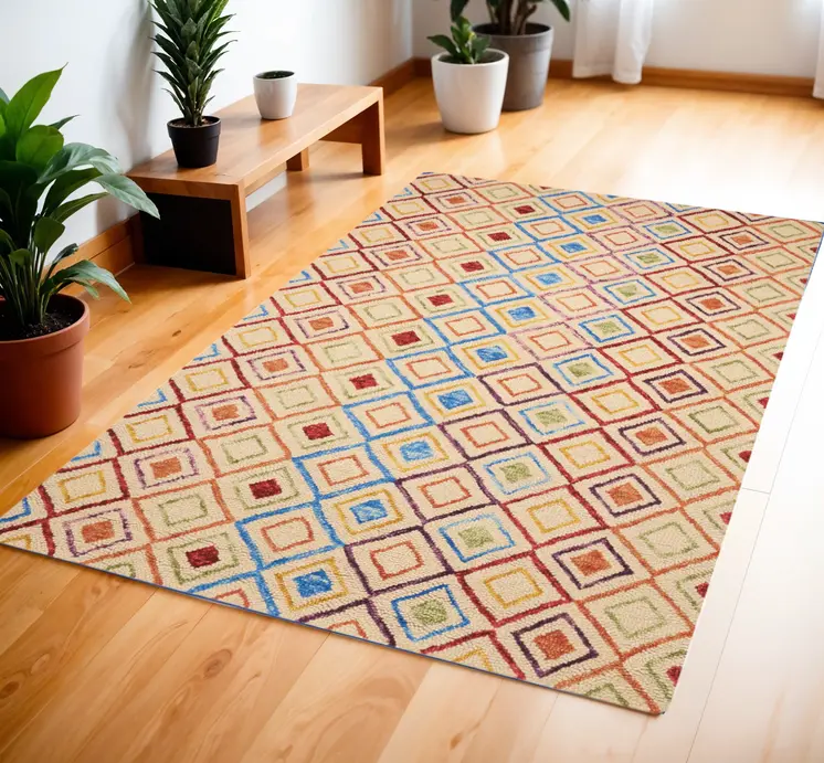 4' X 6' Ivory Blue And Red Wool Geometric Hand Tufted Area Rug