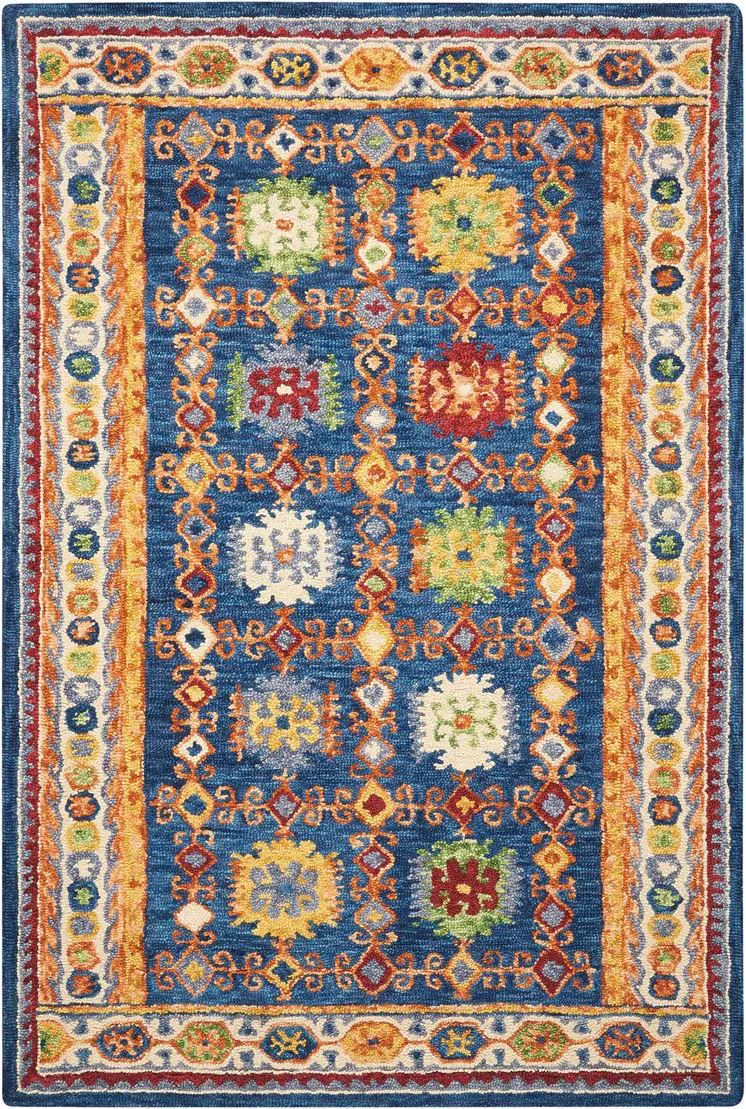 5' X 8' Navy Blue Orange And Green Wool Floral Hand Tufted Distressed Area Rug