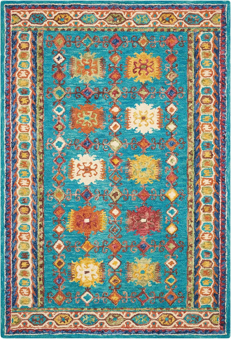5' X 8' Navy Blue Orange And Green Wool Floral Hand Tufted Distressed Area Rug