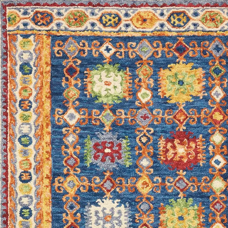5' X 8' Navy Blue Orange And Green Wool Floral Hand Tufted Distressed Area Rug