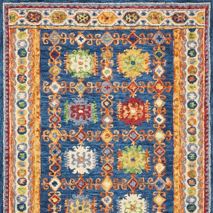 5' X 8' Navy Blue Orange And Green Wool Floral Hand Tufted Distressed Area Rug