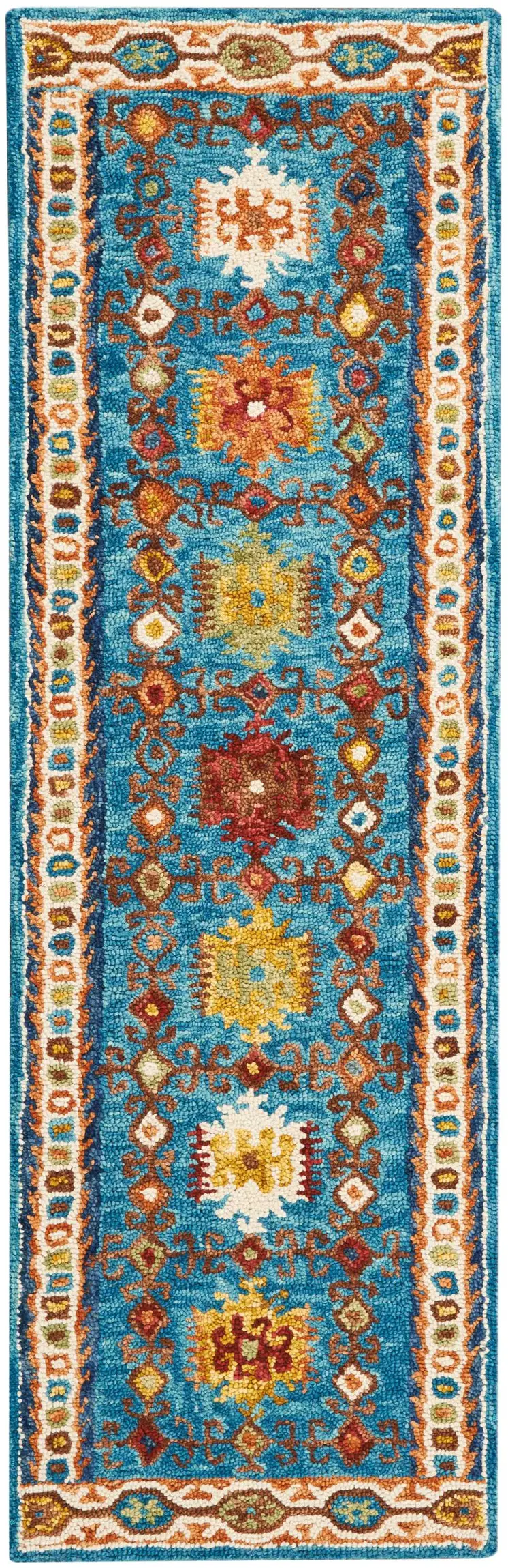 8' Navy Blue Orange And Green Wool Floral Hand Tufted Distressed Runner Rug