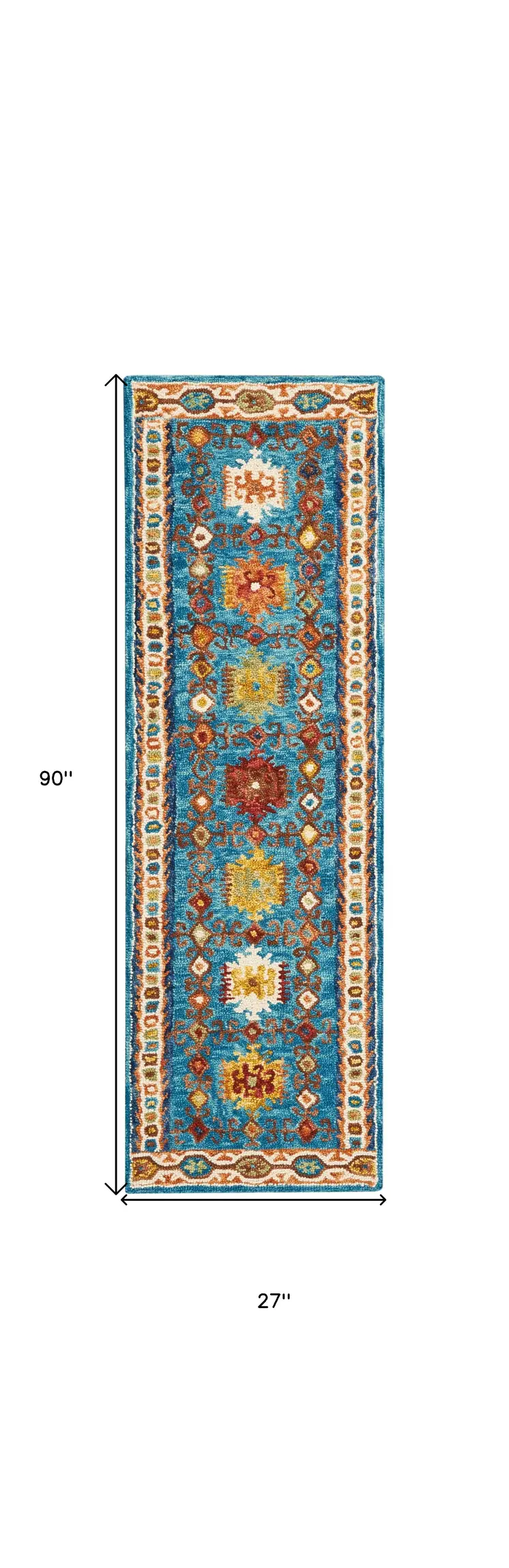 8' Navy Blue Orange And Green Wool Floral Hand Tufted Distressed Runner Rug