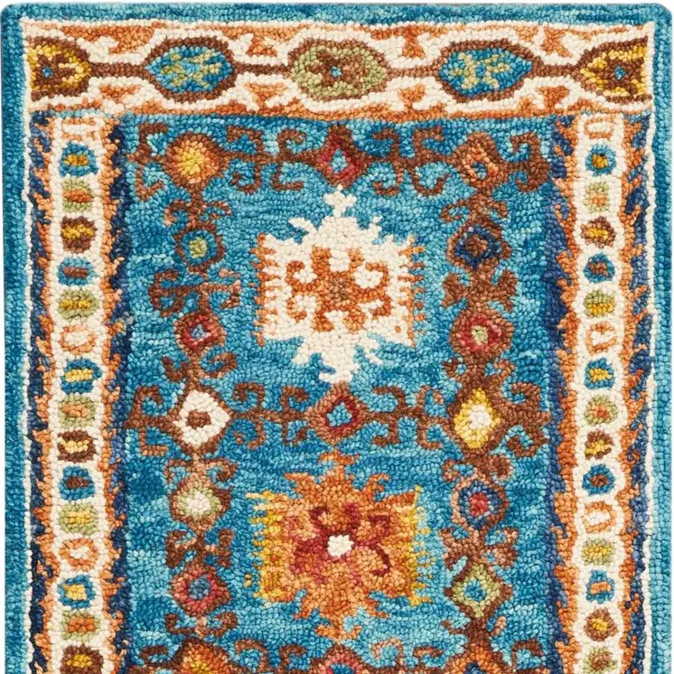 8' Navy Blue Orange And Green Wool Floral Hand Tufted Distressed Runner Rug