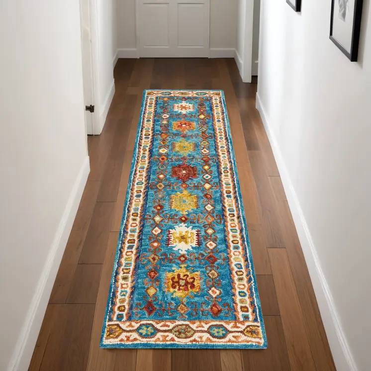 8' Navy Blue Orange And Green Wool Floral Hand Tufted Distressed Runner Rug