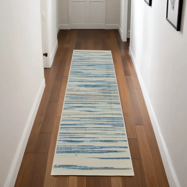 7' Ivory Blue and Gray Striped Runner Rug