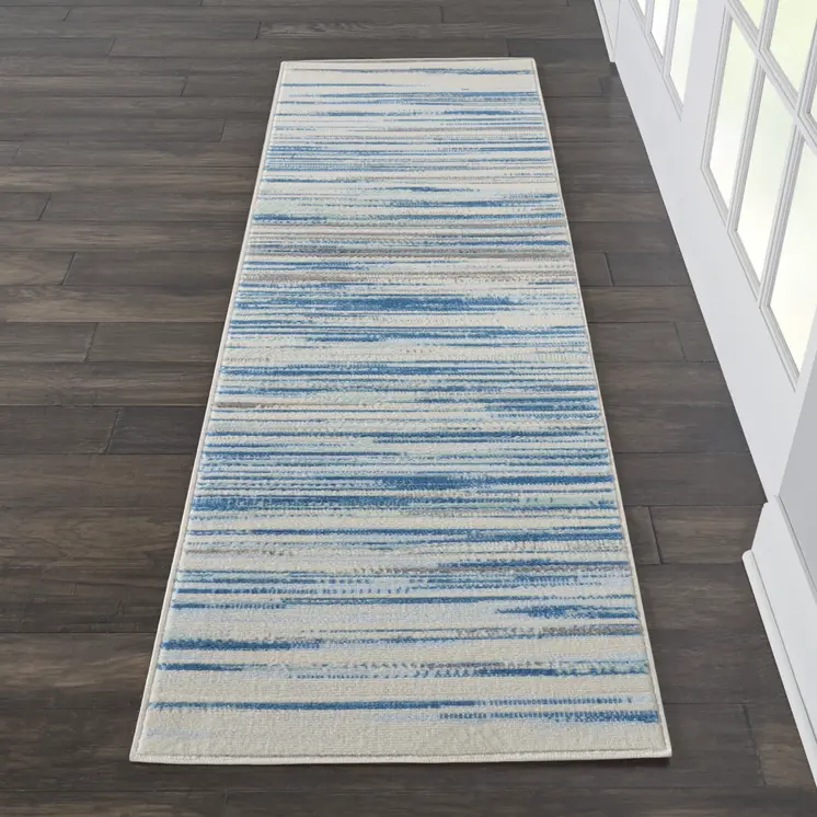 7' Ivory Blue and Gray Striped Runner Rug