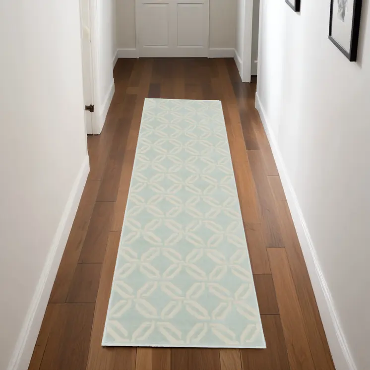 7' Beige and Green Trellis Runner Rug