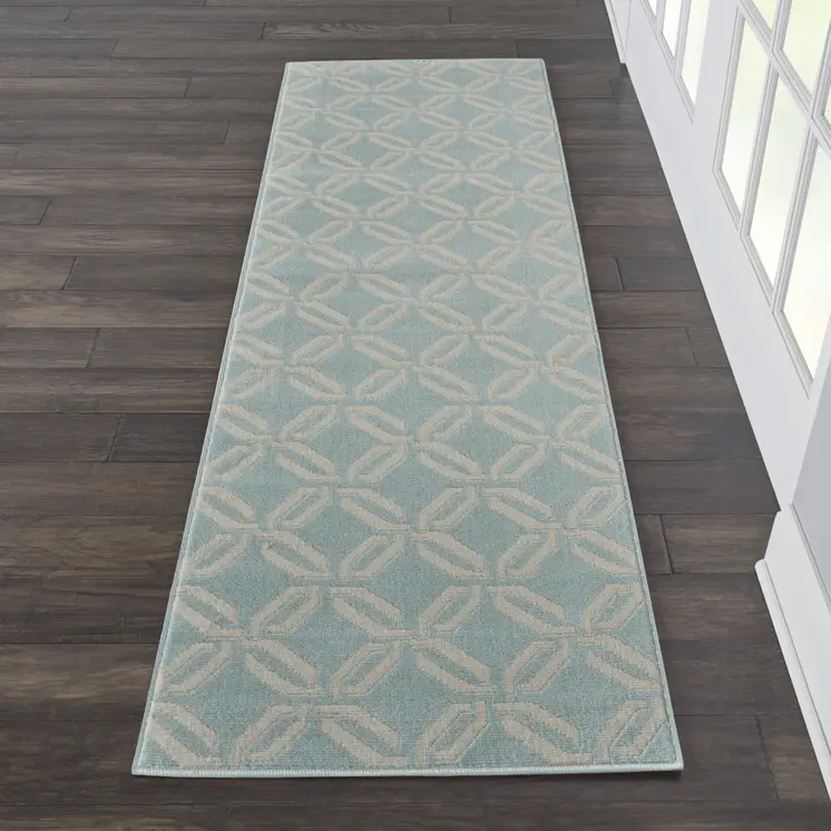 7' Beige and Green Trellis Runner Rug