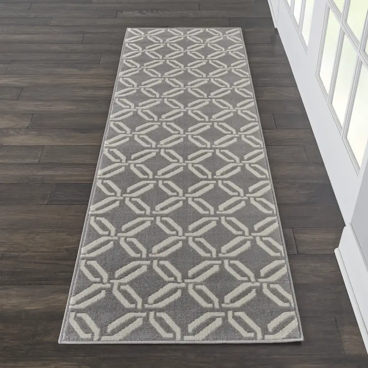7' Beige and Gray Trellis Runner Rug