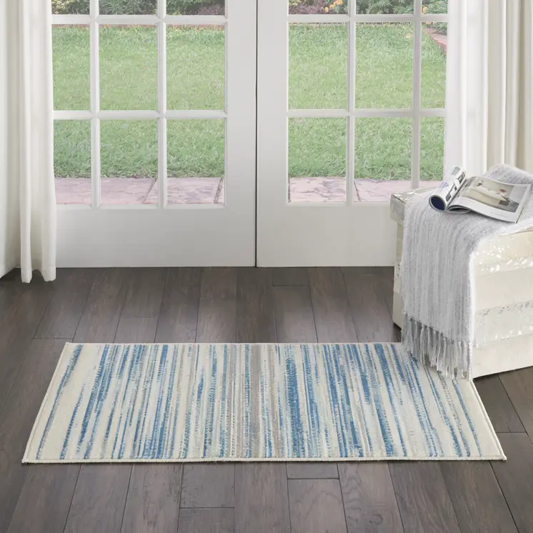 2' X 4' Ivory Blue and Gray Striped Area Rug
