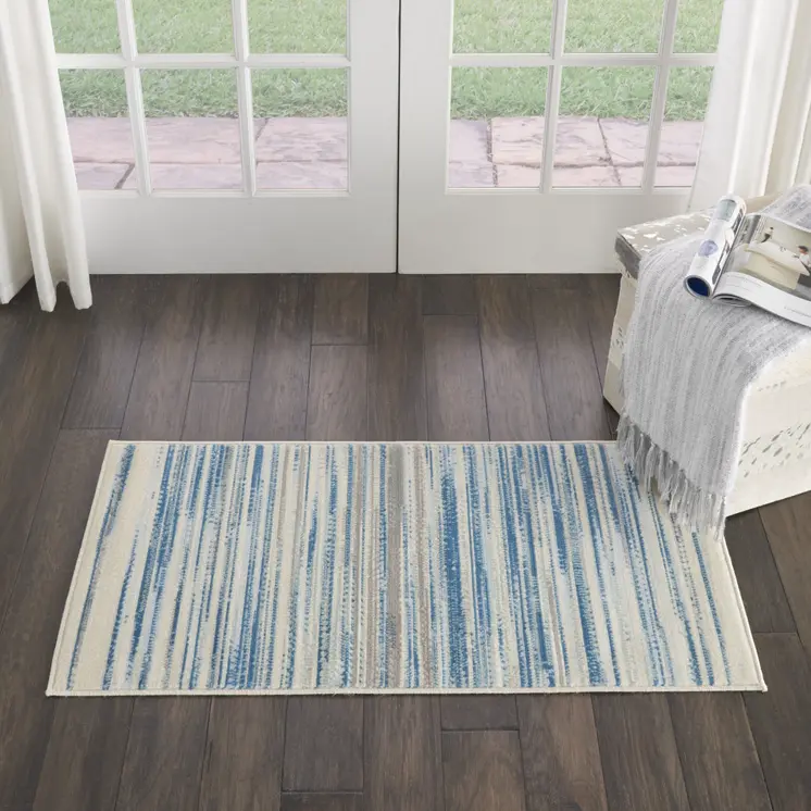 2' X 4' Ivory Blue and Gray Striped Area Rug