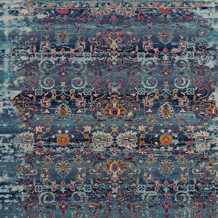 8' Blue Red And Orange Floral Distressed Runner Rug