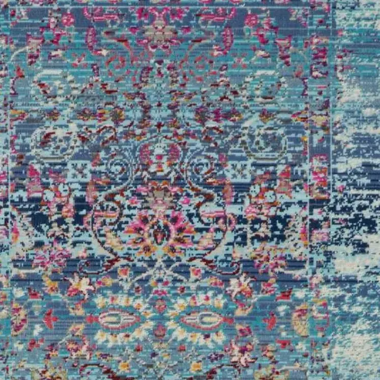 8' Blue Red And Orange Floral Distressed Runner Rug