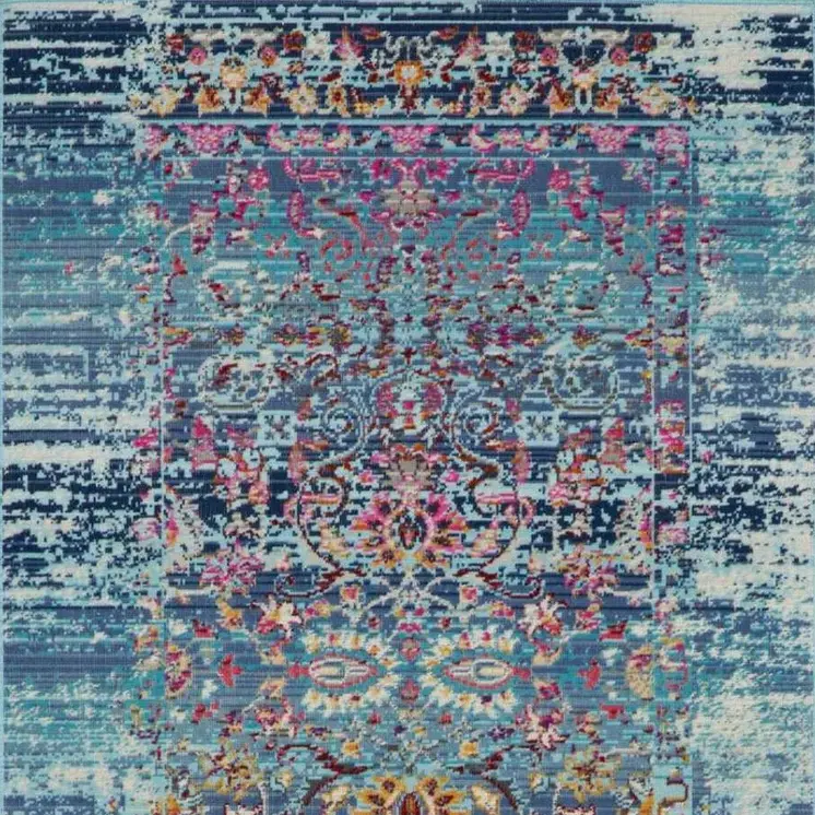 8' Blue Red And Orange Floral Distressed Runner Rug