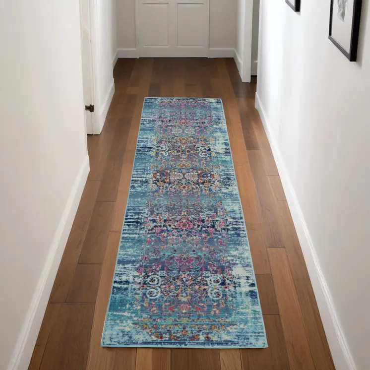 8' Blue Red And Orange Floral Distressed Runner Rug