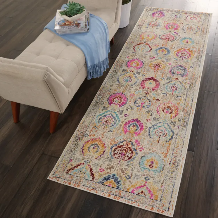 8' Ivory Pink And Orange Floral Distressed Runner Rug