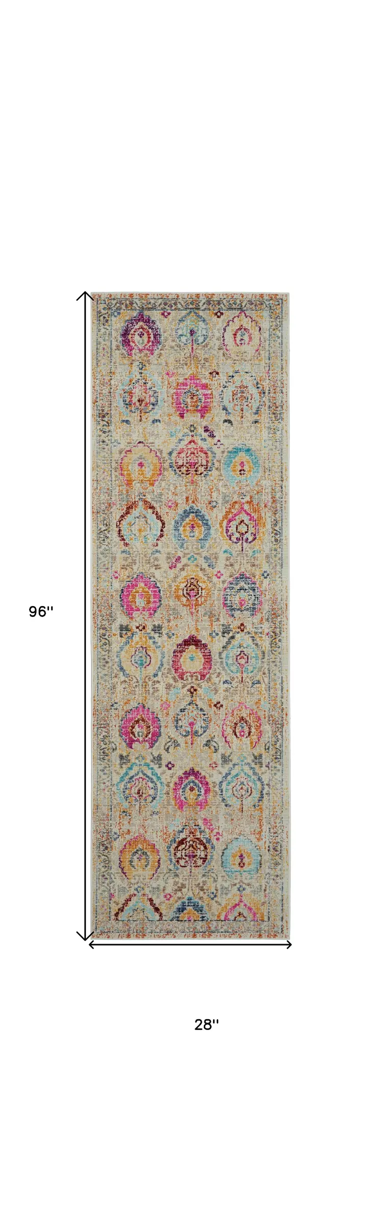 8' Ivory Pink And Orange Floral Distressed Runner Rug
