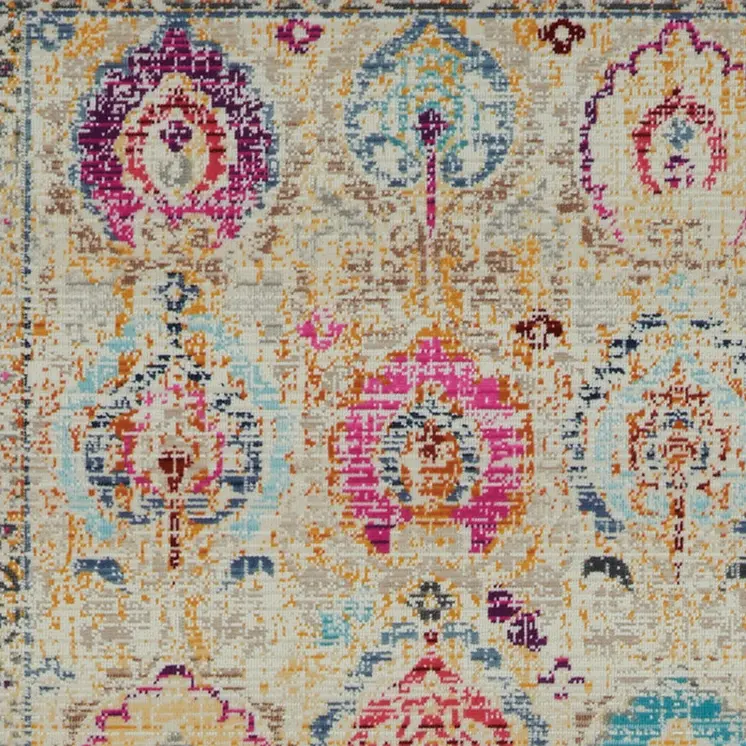 8' Ivory Pink And Orange Floral Distressed Runner Rug