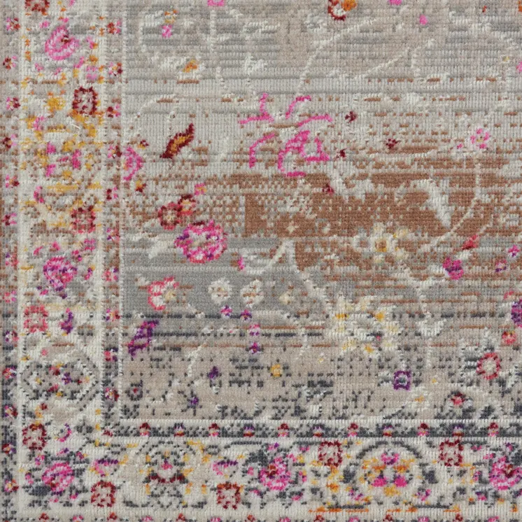 8' Ivory Brown And Gray Floral Distressed Runner Rug