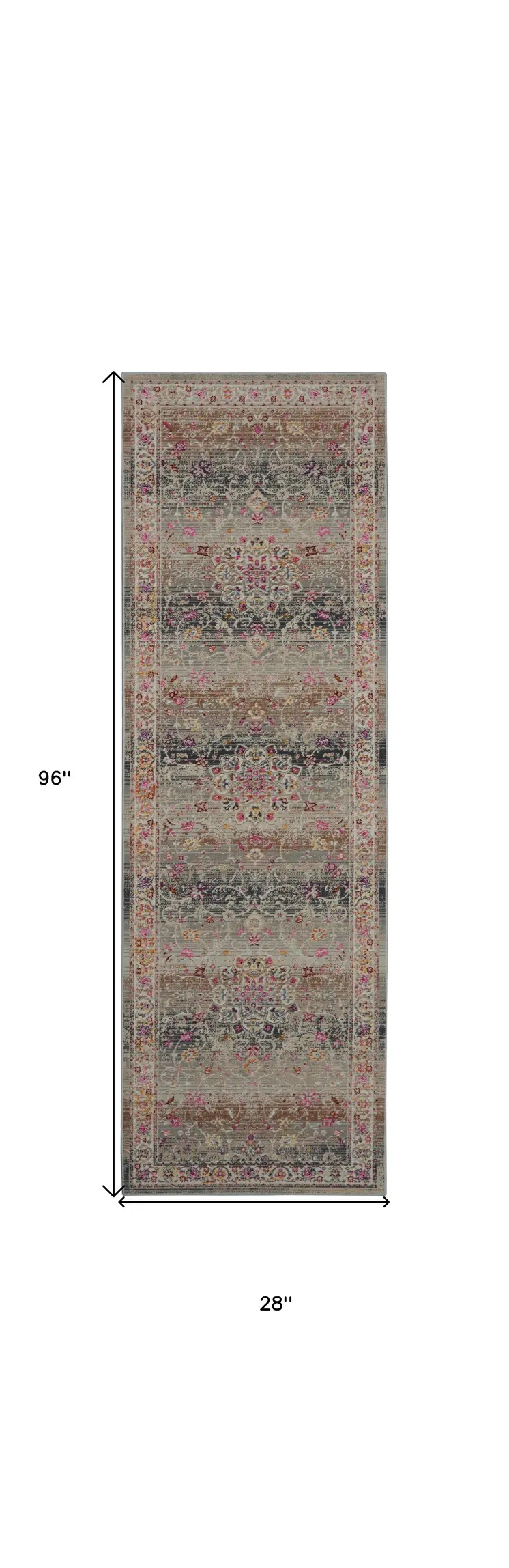 8' Ivory Brown And Gray Floral Distressed Runner Rug