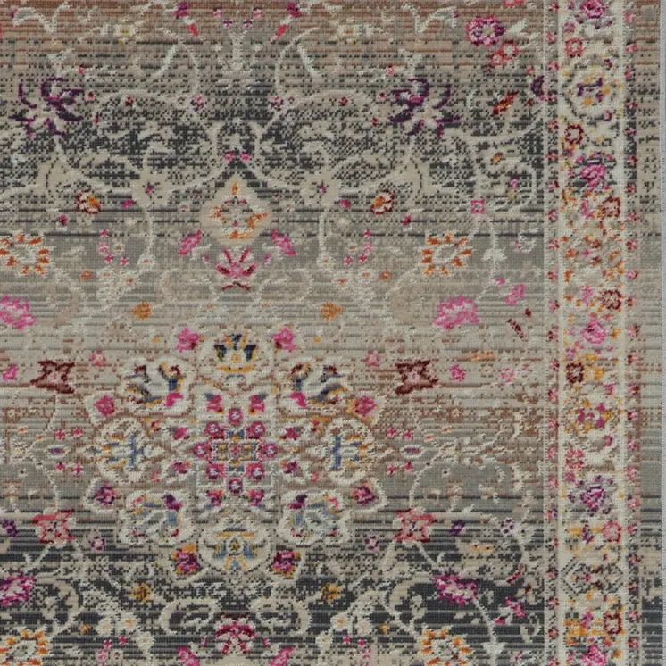 8' Ivory Brown And Gray Floral Distressed Runner Rug