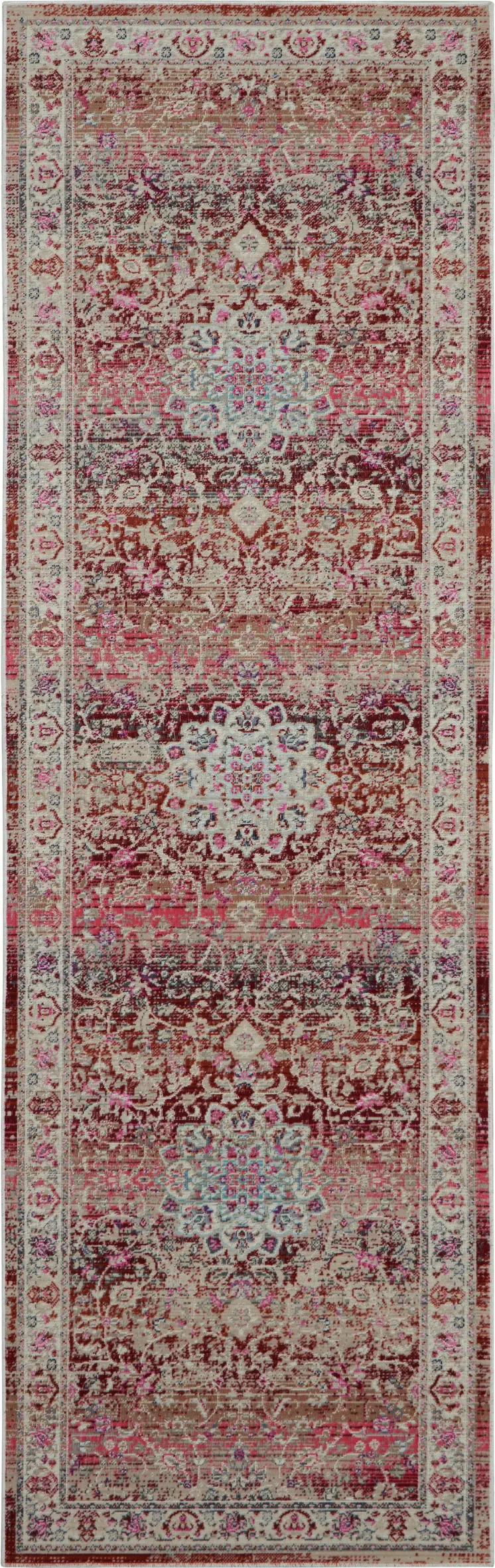 8' Ivory And Red Floral Distressed Runner Rug