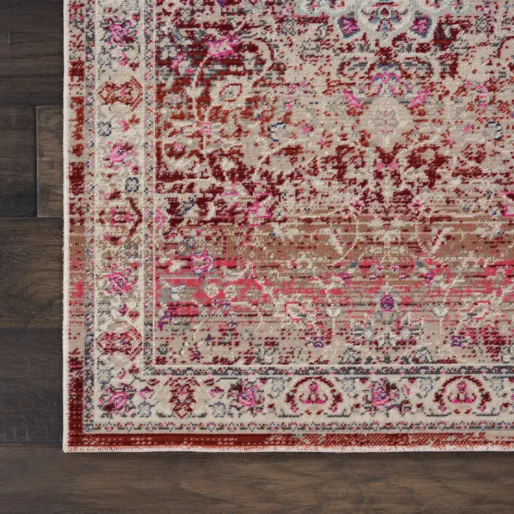8' Ivory And Red Floral Distressed Runner Rug