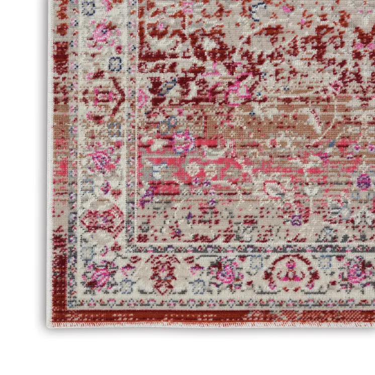 8' Ivory And Red Floral Distressed Runner Rug