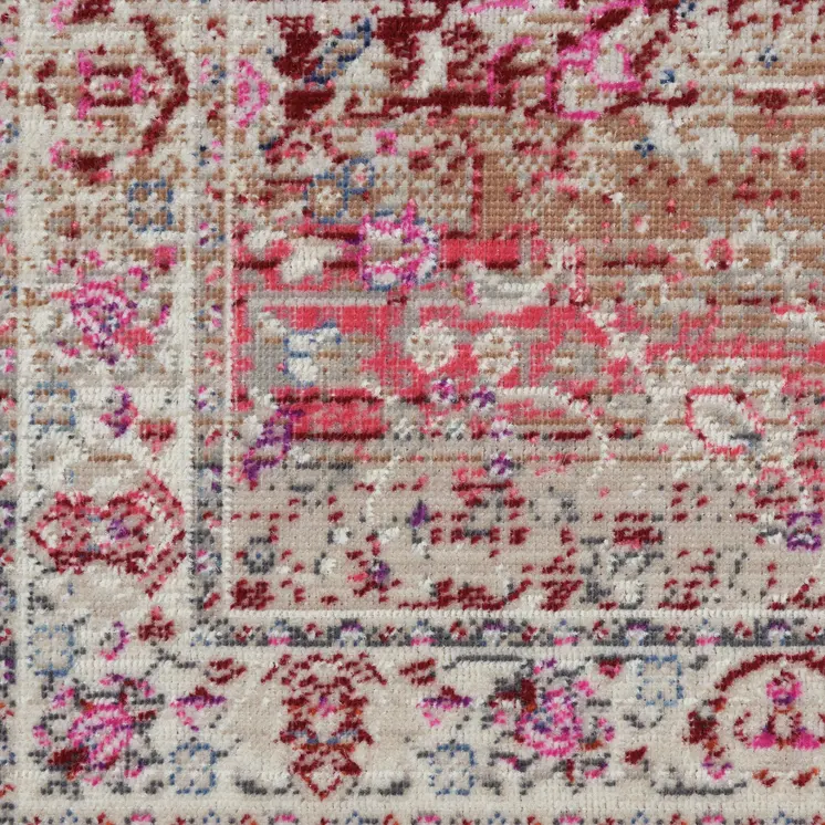 8' Ivory And Red Floral Distressed Runner Rug