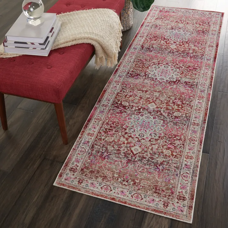 8' Ivory And Red Floral Distressed Runner Rug