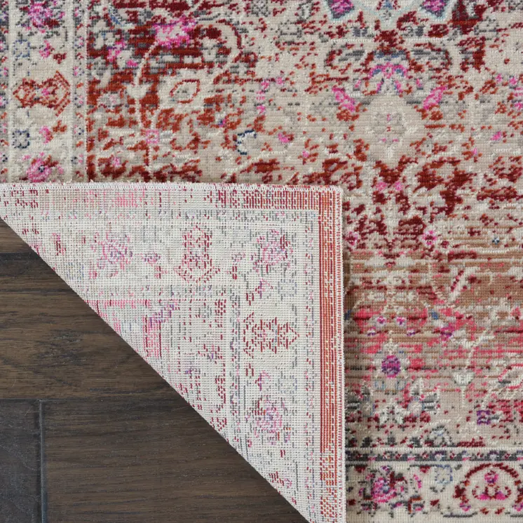 8' Ivory And Red Floral Distressed Runner Rug